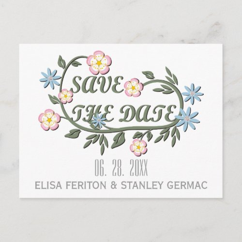 Folklore flowers pink blue wedding Save the Date Announcement Postcard