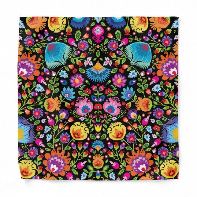 Folklore flowers Wycinanki black Bandana (Front)