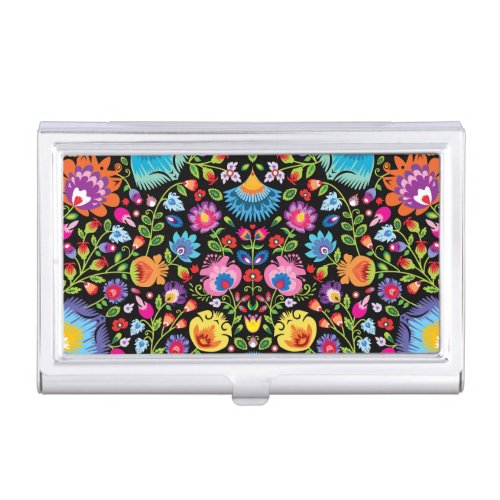 Folklore flowers Wycinanki black Business Card Case