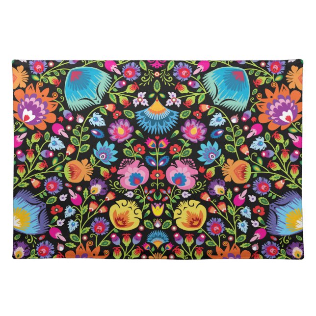 Folklore flowers Wycinanki black   Cloth Placemat (Front)