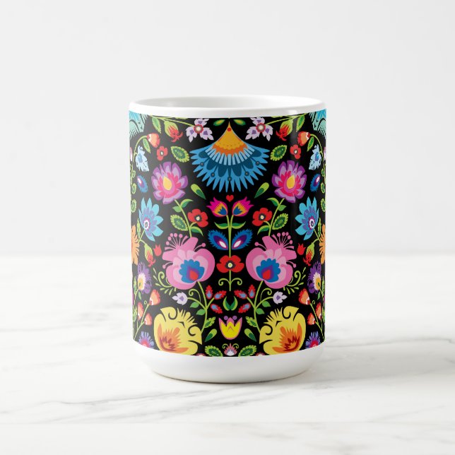Folklore flowers Wycinanki black Coffee Mug (Center)