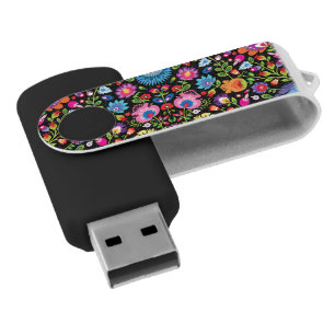 Folklore flowers Wycinanki black  Flash Drive