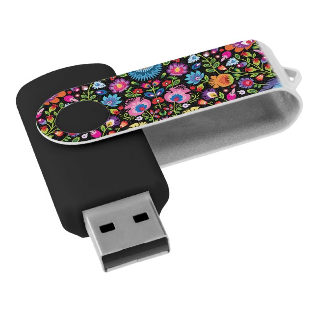 Folklore flowers Wycinanki black  Flash Drive (Angled)