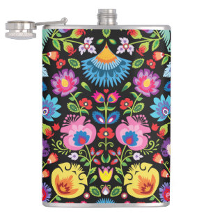 Folklore flowers Wycinanki black Flask