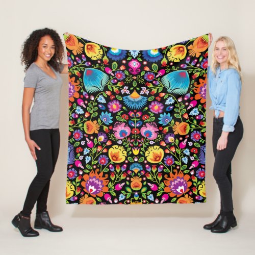 Folklore flowers Wycinanki black  Fleece Blanket