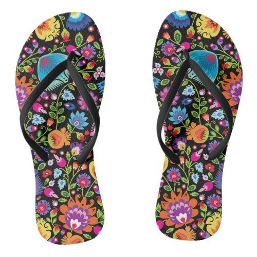 Folklore flowers Wycinanki black Flip Flops