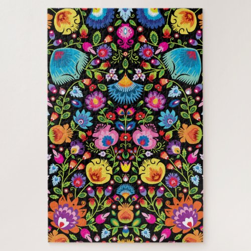 Folklore flowers Wycinanki black Jigsaw Puzzle