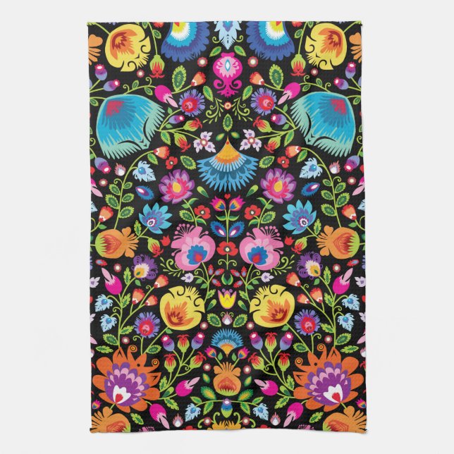 Folklore flowers Wycinanki black  Kitchen Towel (Vertical)
