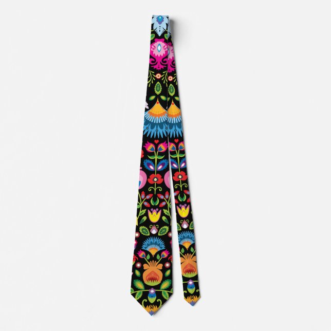 Folklore flowers Wycinanki black  Neck Tie (Front)