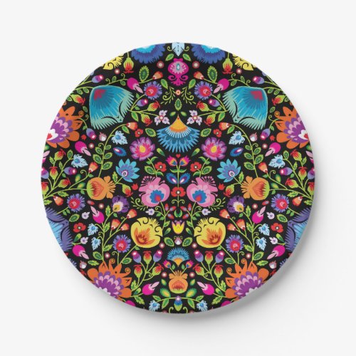 Folklore flowers Wycinanki black Paper Plates