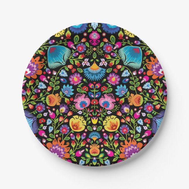 Folklore flowers Wycinanki black Paper Plates (Front)