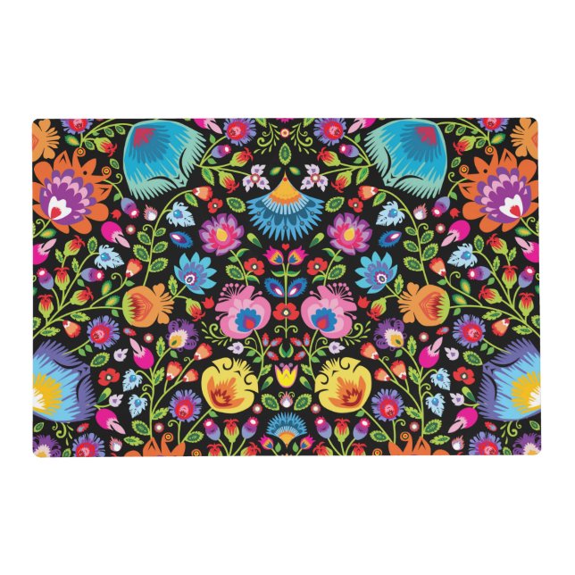 Folklore flowers Wycinanki black   Placemat (Front)