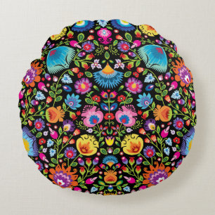Folklore flowers Wycinanki black Round Pillow