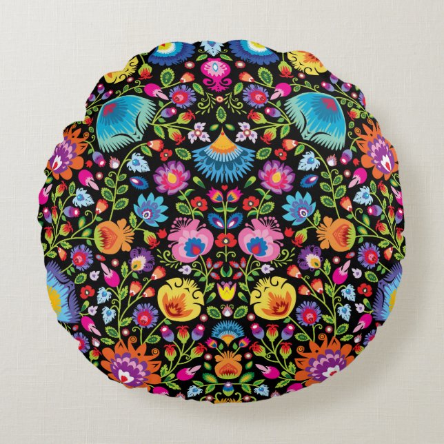 Folklore flowers Wycinanki black   Round Pillow (Front)
