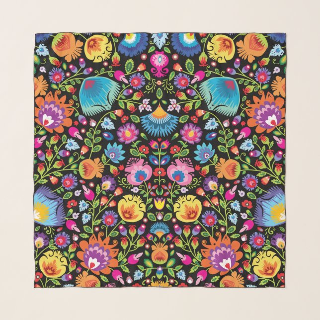 Folklore flowers Wycinanki black  Scarf (Front)