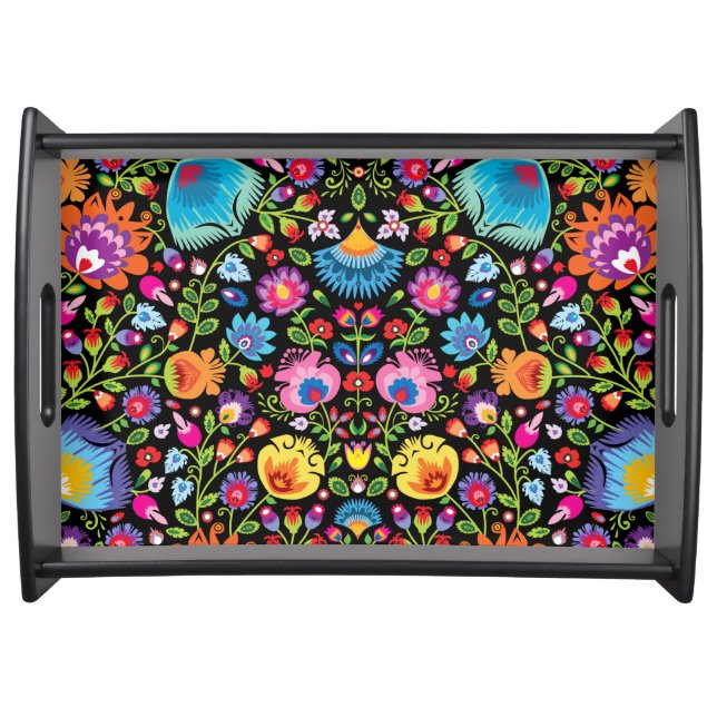 Folklore flowers Wycinanki black Serving Tray (Front)