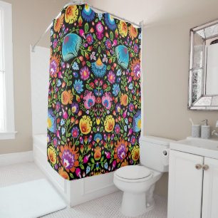 Folklore flowers Wycinanki black  Shower Curtain