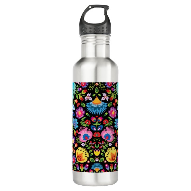 Folklore flowers Wycinanki black   Stainless Steel Water Bottle (Front)