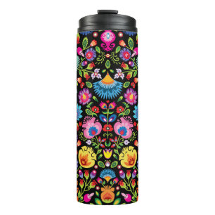 Folklore flowers Wycinanki black Thermal Tumbler