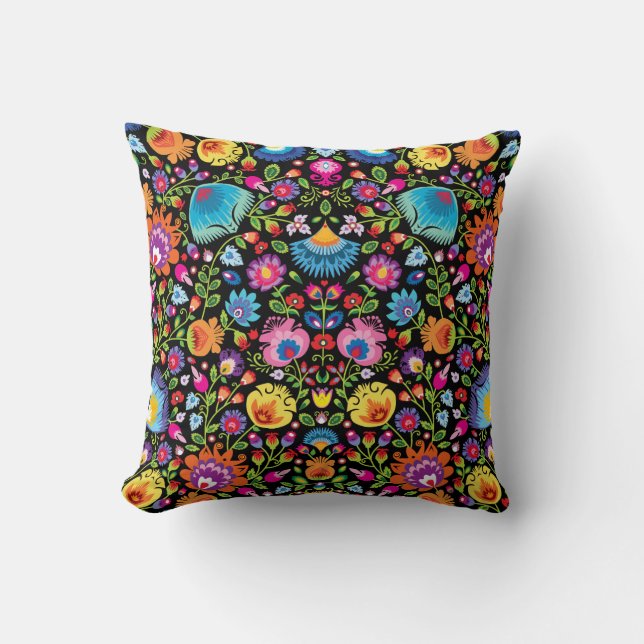 Folklore flowers Wycinanki black Throw Pillow (Front)