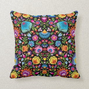 Folklore flowers Wycinanki black Throw Pillow