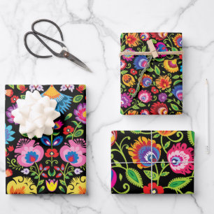 Folklore flowers Wycinanki black Wrapping Paper Sheets