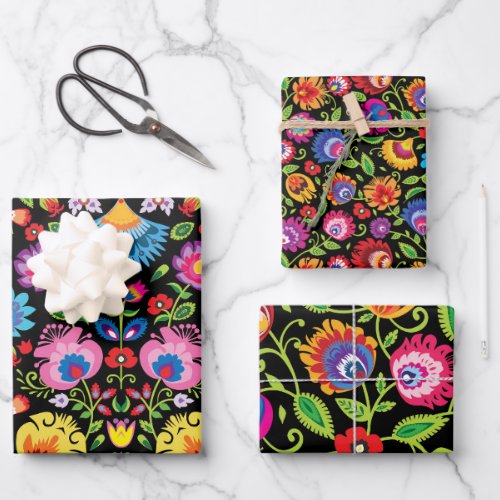 Folklore flowers Wycinanki black   Wrapping Paper Sheets