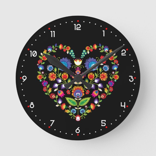 Folklore heart, Wycinanki style  Round Clock (Front)