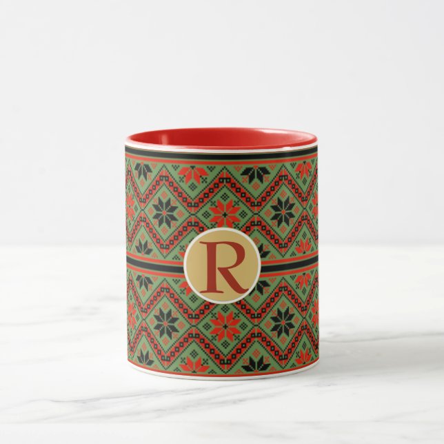 Folklore Mug Personalized Monogram RED GREEN Cozy (Center)
