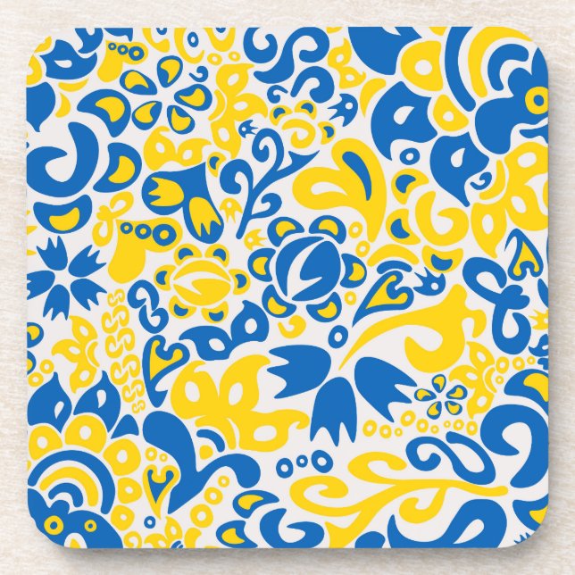 Folklore pattern with Ukrainian flag colors Beverage Coaster (Front)