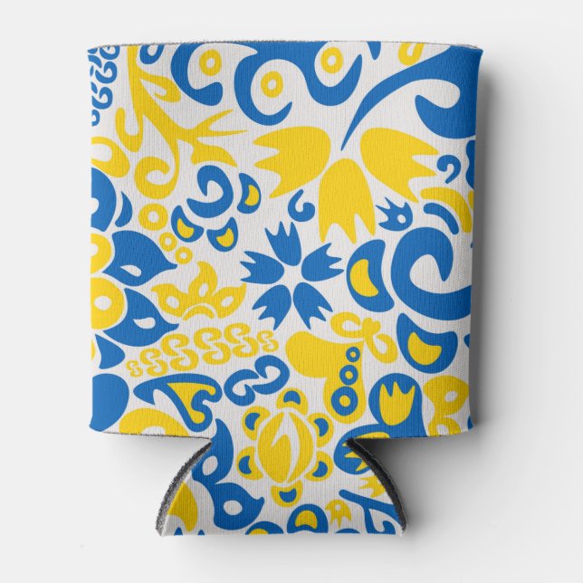 Folklore pattern with Ukrainian flag colors   Can Cooler (Front)