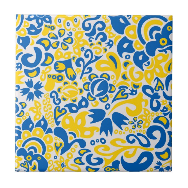 Folklore pattern with Ukrainian flag colors  Ceramic Tile (Front)