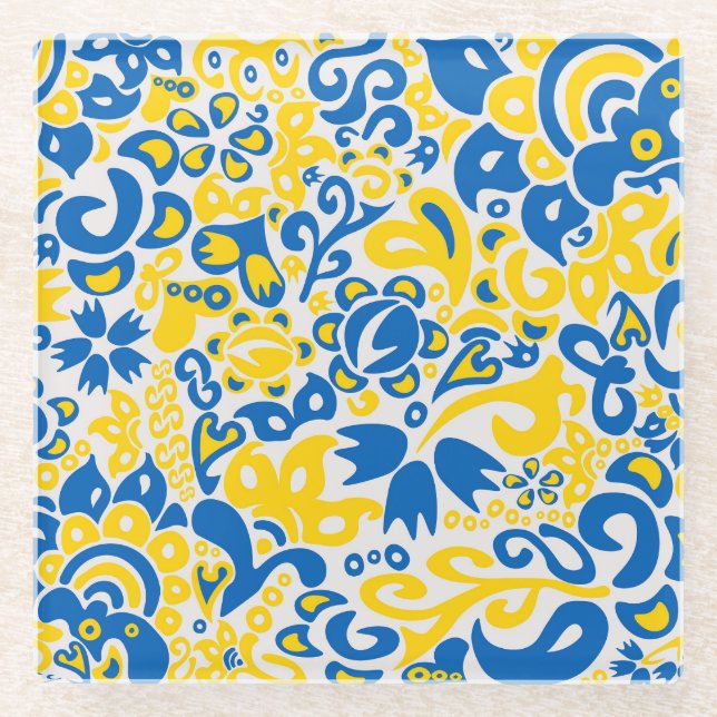 Folklore pattern with Ukrainian flag colors  Glass Coaster (Front)
