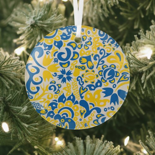 Folklore pattern with Ukrainian flag colors Glass Ornament