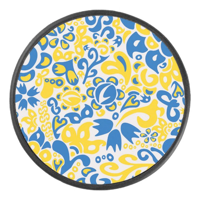 Folklore pattern with Ukrainian flag colors  Hockey Puck (Front)
