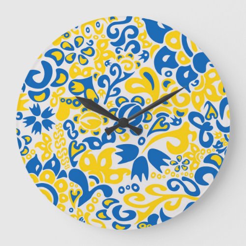 Folklore pattern with Ukrainian flag colors Large Clock