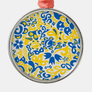 Folklore pattern with Ukrainian flag colors Metal Ornament