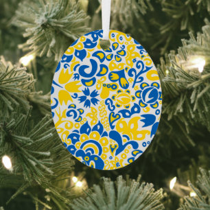 Folklore pattern with Ukrainian flag colors Metal Ornament