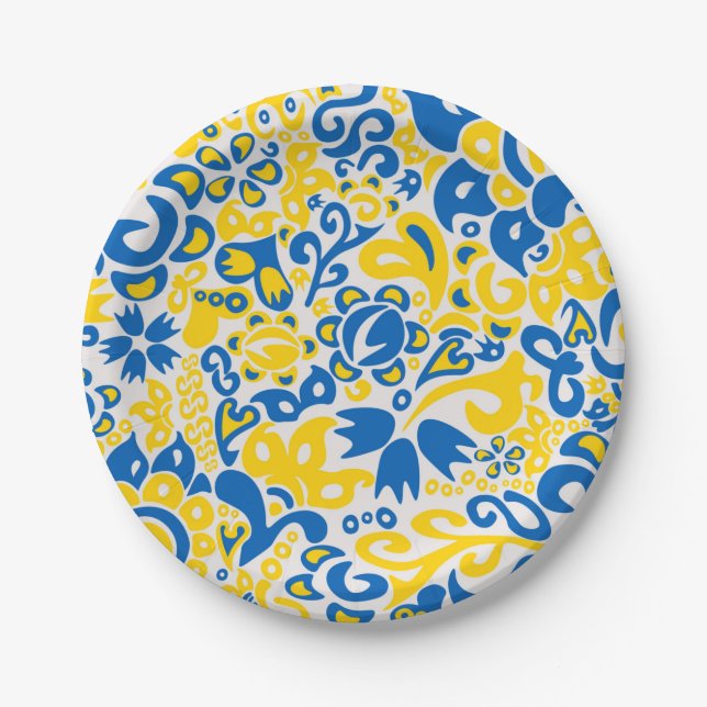 Folklore pattern with Ukrainian flag colors  Paper Plates (Front)