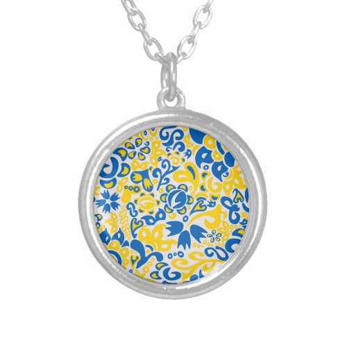 Folklore pattern with Ukrainian flag colors  Silver Plated Necklace