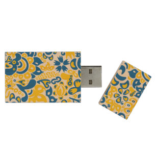 Folklore pattern with Ukrainian flag colors Wood Flash Drive
