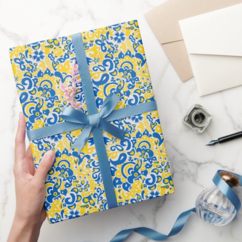 Folklore pattern with Ukrainian flag colors   Wrapping Paper