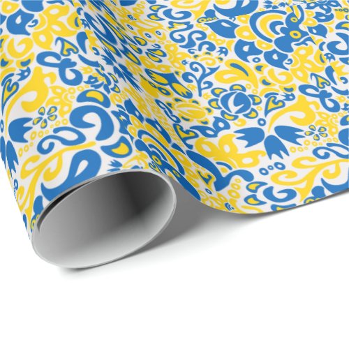 Folklore pattern with Ukrainian flag colors  Wrapping Paper