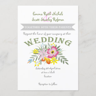 Folklore pink flowers modern floral wedding invitation