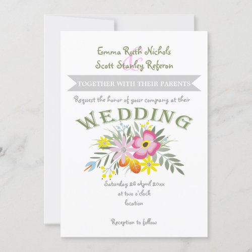 Folklore pink flowers modern floral wedding 5x7 paper invitation card
