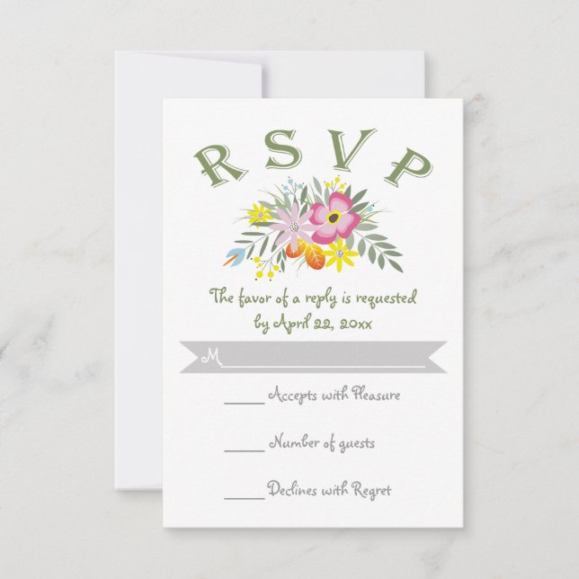 Folklore pink flowers modern floral wedding RSVP (Front)