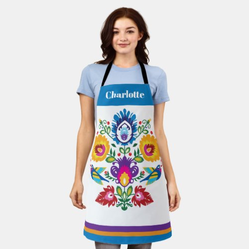 Folklore with flowers and 2 birds apron