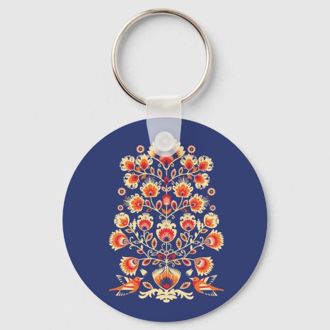 💙💛🧡Folklore with yellow flowers and birds Butto Keychain (Front)