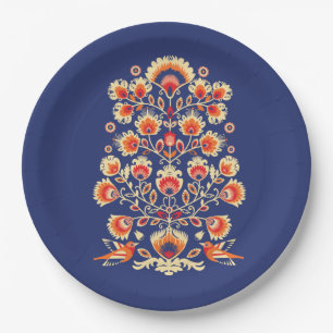 💙💛🧡Folklore with yellow flowers and birds Paper Plates
