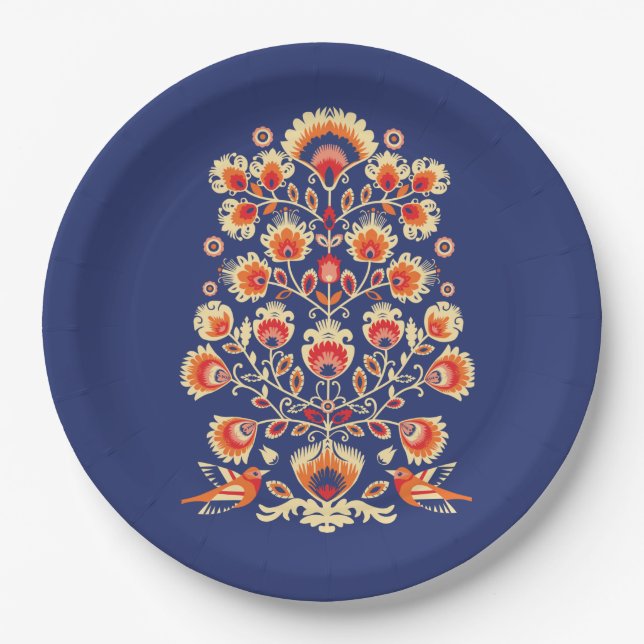 💙💛🧡Folklore with yellow flowers and birds Paper Plates (Front)
